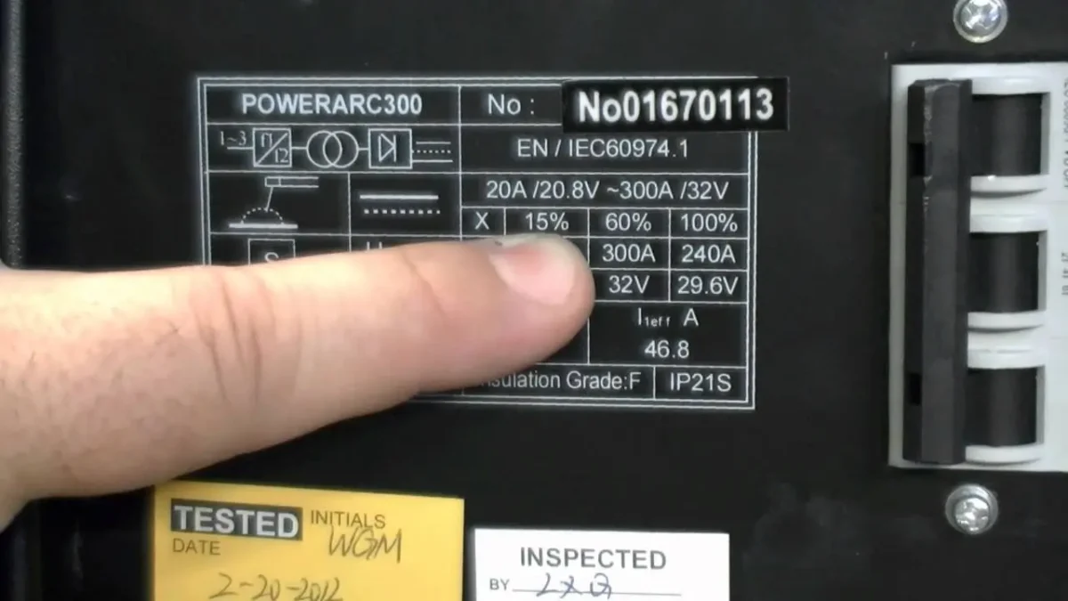 Example of a duty cycle for different amperages on a welding machine